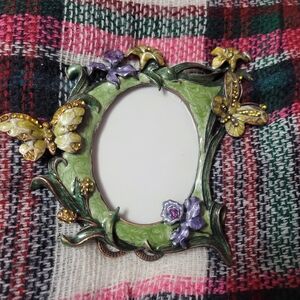Bijou Metal Enameled & Genuine Crystals Picture Frame Floral & Butterfly